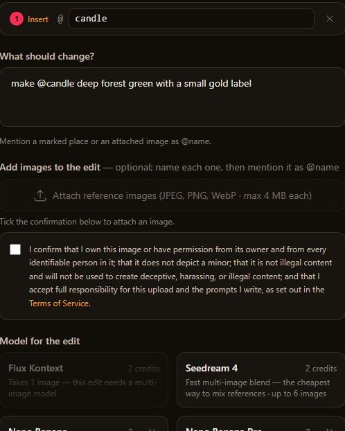 The edit panel: marked place @candle, the prompt "make @candle deep forest green with a small gold label" and the edit models