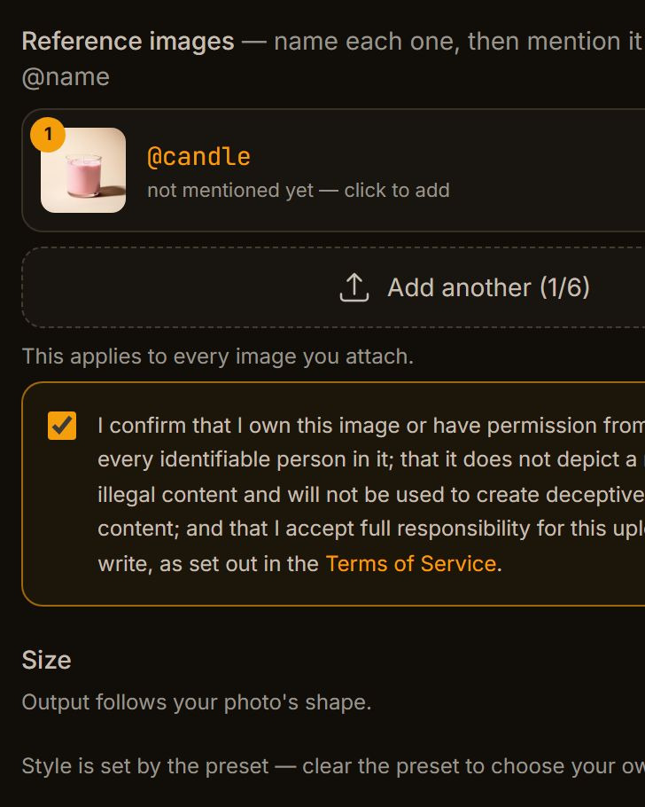 The reference-images row of the image generator with a candle photo attached as @candle and the consent box ticked
