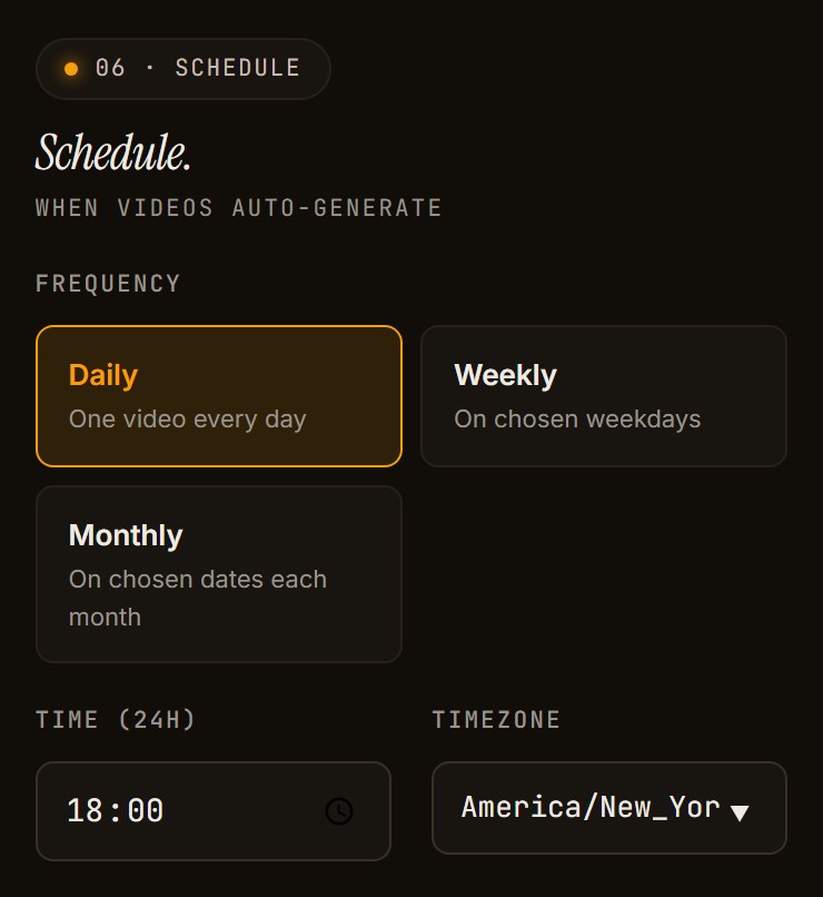 Screen capture of the series form's schedule step /dashboard/series/create: The Schedule step of the series form: Daily, one video every day, 18:00 America/New_York