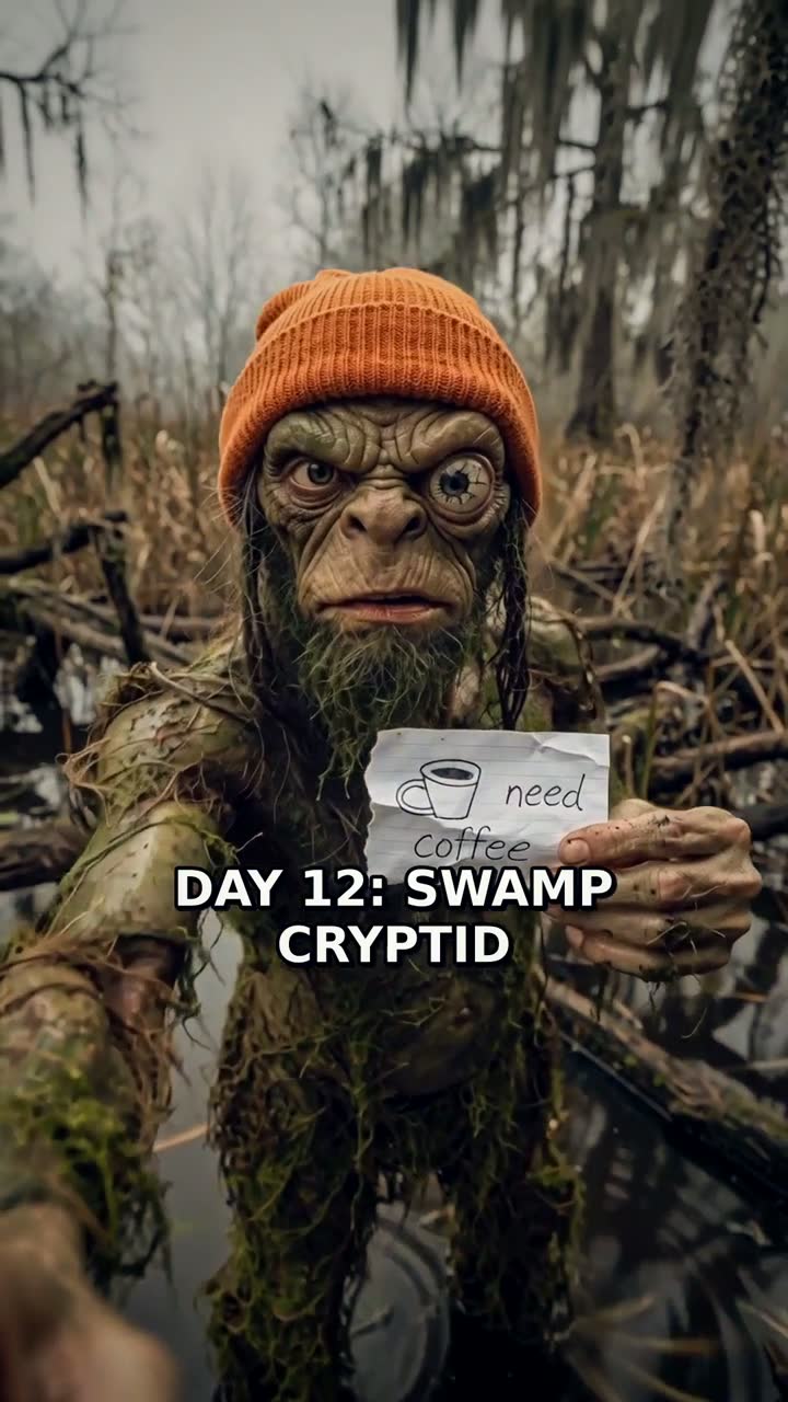 Cryptid Vlog: a 28-second 9:16 video Ginie rendered from the prompt "A swamp cryptid tries to order a coffee through a drive-through" - Flux 2 Pro stills animated by H3 Max Turbo, narrated by ElevenLabs, cast per story.