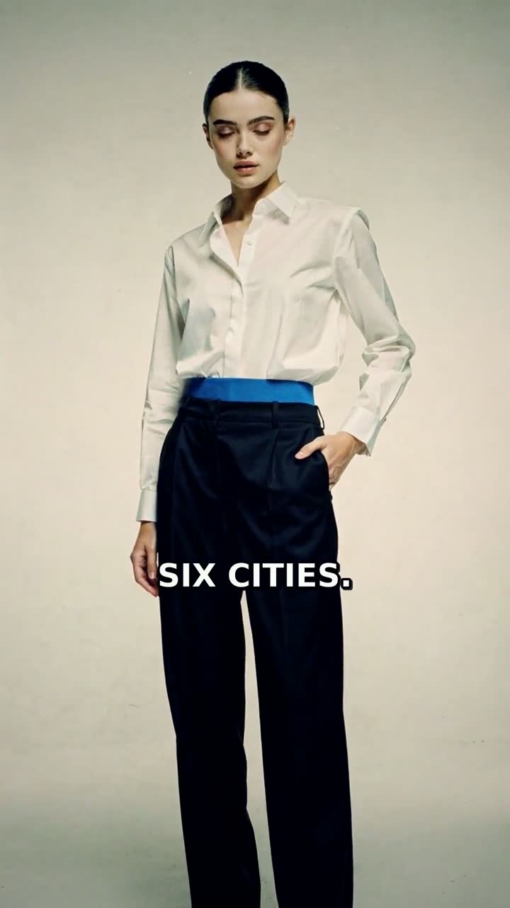 Fashion Morph: a 25-second 9:16 video Ginie rendered from the prompt "One model, one white shirt, styled for six cities" - Flux 2 Pro stills animated by Kling 3.0, narrated by ElevenLabs, cast per story.