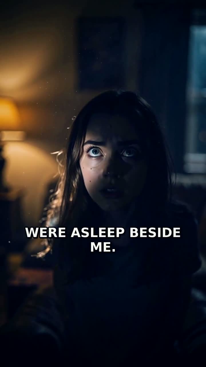 Horror Stories: a 34-second 9:16 video Ginie rendered from the prompt "The babysitter who heard footsteps upstairs — while the kids were asleep beside her" - Flux 2 Pro stills animated by H3 Max Turbo, narrated by ElevenLabs, cast per story.